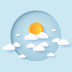 Cloudscape, blue sky with cloud and sun in circular frame, paper art style