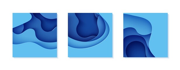 Set of flyers with blue waves in paper cut style. Collection of three papercut art empty banners for environment or World Water day. Vector advertising poster template for Save the Oceans day 8 june.