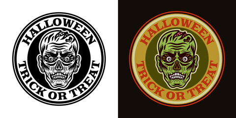 Zombie head halloween round emblem two styles black on white and colorful on dark background vector illustration