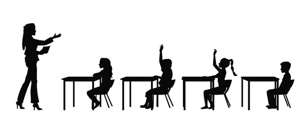 Children raising hands in classroom silhouette. Teacher teaching pupils illustration isolated on white background - obrazy, fototapety, plakaty