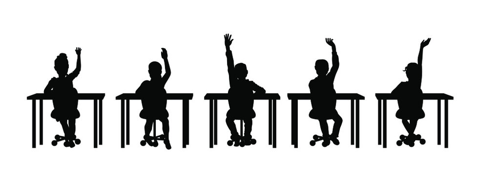 Children raising hands in classroom silhouette
