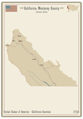 Map on an old playing card of Monterey county in California, USA.