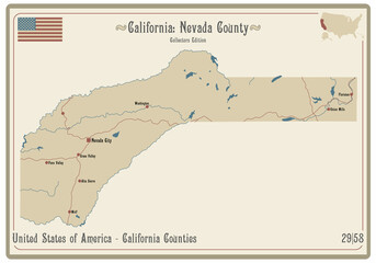 Map on an old playing card of Nevada county in California, USA.