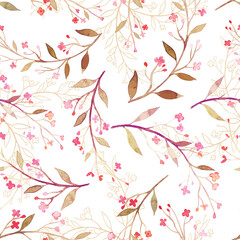 Leaves and little flower seamless pattern wallpaper, greenery on white background. watercolour style