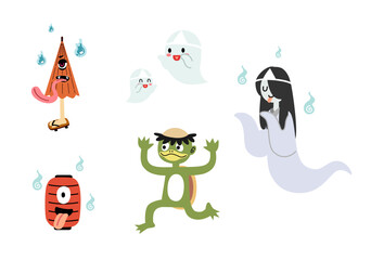 Set of mythology cute Japanese ghosts an umbrella, lamp, woman ghost, spirit and kappa cartoon character flat vector illustration isolated on white background. Happy Halloween