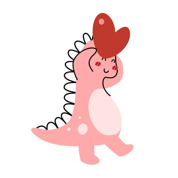 A cute pink dinosaur cartoon character flat vector illustration isolated on white background. Girly dino cute character for kids. Cute animal for kids T-shirt, scrapbook, pattern. Hapy Valentine's Day © konohanj