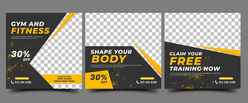 Gym, Fitness, And Sports Social Media Post Template Design. Set Of Modern Square Banner Design With Abstract Yellow Shape. Usable For Social Media, Banner, And Website.