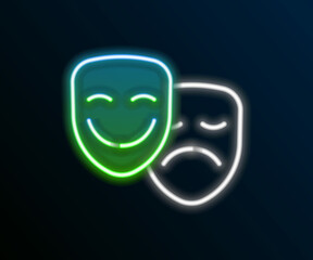Glowing neon line Comedy and tragedy theatrical masks icon isolated on black background. Colorful outline concept. Vector
