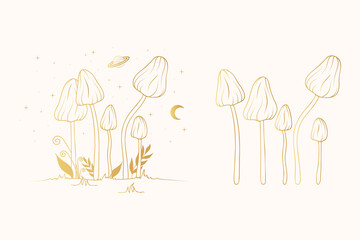 Golden celestial mushrooms. Gold Psychedelic fungi set. Esoteric clipart.