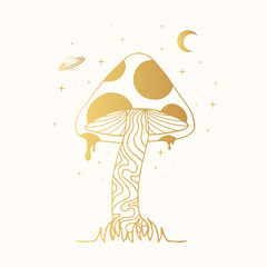 Golden mystical mushroom. Celestial fungi clipart with moon and stars.