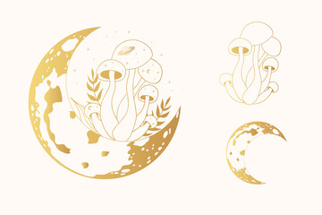 Golden celestial mushrooms with occult moon. Gold floral fungi, fungus. Witchy elements.