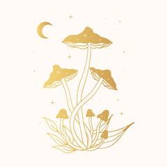 Golden mystical mushroom. Gold Celestial fungi with moon and stars.
