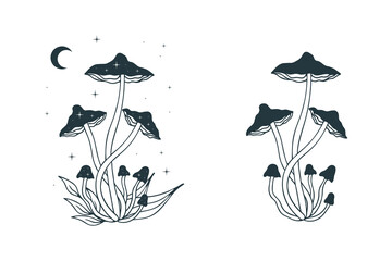 Mystical mushroom. Celestial fungi with moon and stars. Witchy clipart.