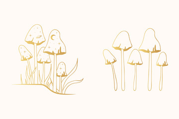 Golden Celestial mushrooms with moon and stars. Floral elements, gold fungi, fungus.