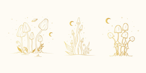 Naklejka premium Golden Celestial mushrooms with moon and stars. Floral elements, fungi, fungus. Gold witchy clipart.