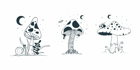 Set with mystical, magic mushrooms. Celestial fungi collection. Witchy elements.