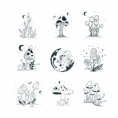 Set with mystical, magic mushrooms. Celestial fungi collection. © Kirill