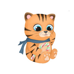 Funny cartoon animals.Digital watercolor illustration tiger cub. Hand draw christmas animal. year of the tiger. New year clipart. Children decoration