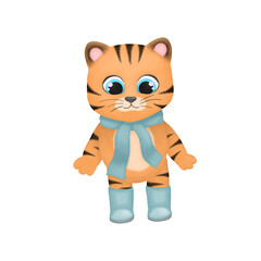 Funny cartoon animals.Digital watercolor illustration tiger cub. Hand draw christmas animal. year of the tiger. New year clipart. Children decoration