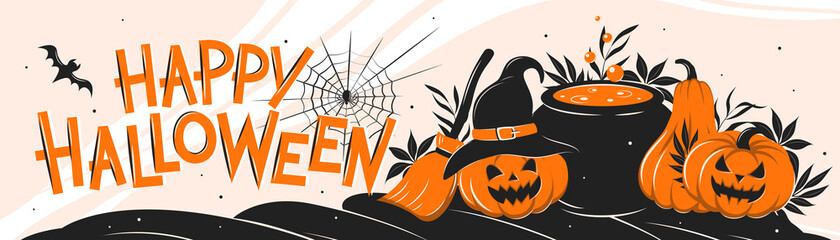 Fototapeta premium Happy Halloween lettering. Composition with pumpkins, vat of potion and broom.Vector illustration for poster, greeting card, party invitation, banner