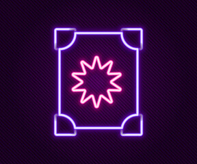 Glowing neon line Ancient magic book with alchemy recipes and mystic spells and enchantments icon isolated on black background. Colorful outline concept. Vector