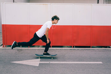 man riding skateboard. in rush concept. break the rules. ridding in opposite direction