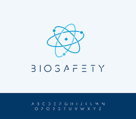 Atomic energy vector logo concept with futuristic letters. Atom structure nucleus icon. Bio safety symbol. Science technology, nuclear particle research, medical and physics equipment logotype.