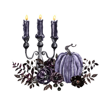 Watercolor vintage goth Halloween illustration with black candles, dark flowers and pumpkin. Hand painted graphic. Moody colors retro style floral arrangement