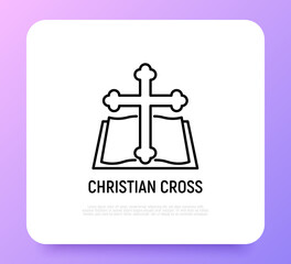 Christianity, christian cross and Bible thin line icon. Religion. Vector illustration.