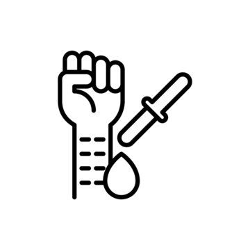 Allergy test thin line icon, prick test, hand and pipette with allergens. Modern vector illustration.
