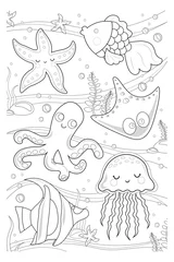 Papier Peint photo Lavable Vie marine Vector coloring book marine life. coloring page sea life. Underwater world with fish, algae, squid, octopus, starfish, jellyfish. for kids