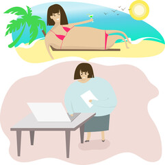 Women working in office with notebook and dream of a beach vacation. Vector stock illustration.