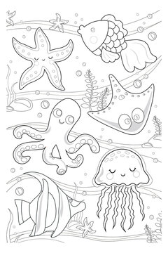 Vector coloring book marine life. coloring page sea life. Underwater world with fish, algae, squid, octopus, starfish, jellyfish. for kids