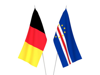 National fabric flags of Belgium and Republic of Cabo Verde isolated on white background. 3d rendering illustration.