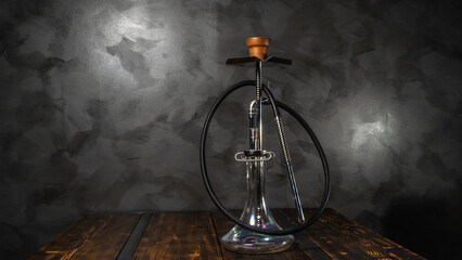 Modern hookah with glass bowl on wooden table. Gray wall background. Lounge concept.