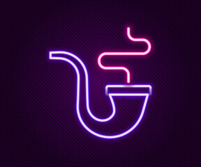 Glowing neon line Smoking pipe with smoke icon isolated on black background. Tobacco pipe. Colorful outline concept. Vector