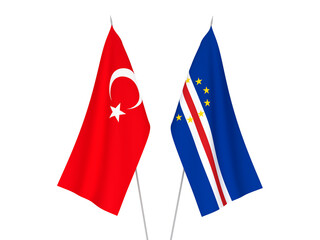 National fabric flags of Republic of Cabo Verde and Turkey isolated on white background. 3d rendering illustration.