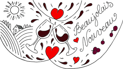 Beaujolais Nouveau lettering. Festival of new wine in France. Wine and food. Vector illustration. - obrazy, fototapety, plakaty