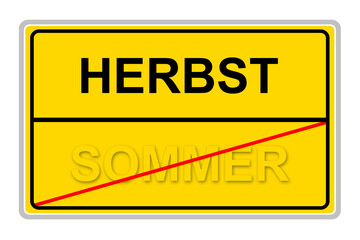 Gelbes Schild mit den Jahreszeiten Sommer und Herbst