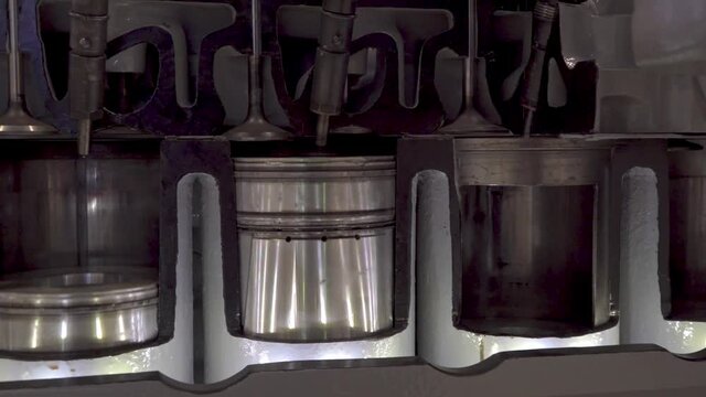 The structure and operation of the diesel engine of the truck in the context, close-up