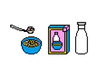 Set of 3 pixel art breakfast icons isolated on white background. 8 bit box and bowl of cornflakes and a bottle of milk. Old school vintage retro 80s, 90s 2d computer, video game, slot machine graphics