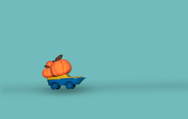 Transport pumpkins on a blue background. Orange pumpkins and car. Halloween vibes.
