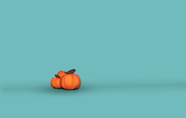 Orange pumpkins on the blue background. Halloween vibes. 
Symbol of autumn. Clay pumpkin
