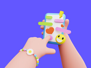 Cartoon girl character hands holding and using mobile phone. Messaging app with cute funny emoji, heart and other icons. 3D Rendering illustration