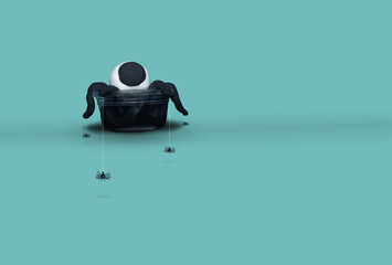 Creepy eye monster with spiders on his legs. Halloween vibes. Blue background with black and white elements. 