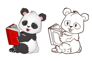 Coloring book: funny little panda holding a book in his hands. Vector ,illustration in cartoon style, black and white lineart