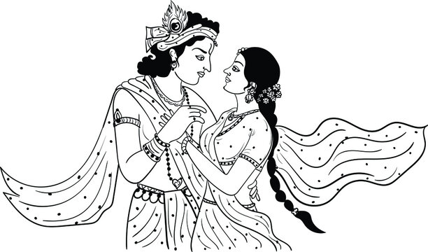Indian wedding clip art of God Krishna and his beloved Radha stand gently embracing, with a flute in their hands. Sketch black line on a white background. Krishna Janmashtami clip art of Radha Krishna
