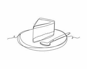 Continuous one line drawing of cheesecake delicious food icon in silhouette on a white background. Linear stylized.