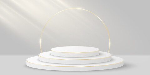 Elegant scene with light effect for show your product. 3d cylinder on white background. Luxurious platform or vip minimal podium. Mockup for fashion presentation. Vector