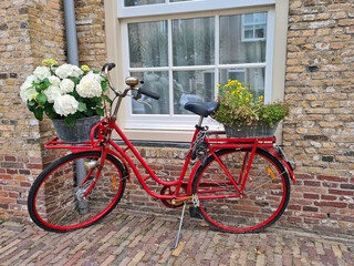 Fototapeta na wymiar Typical dutch: old red dutch bike with blossoming flowers in the Netherlands